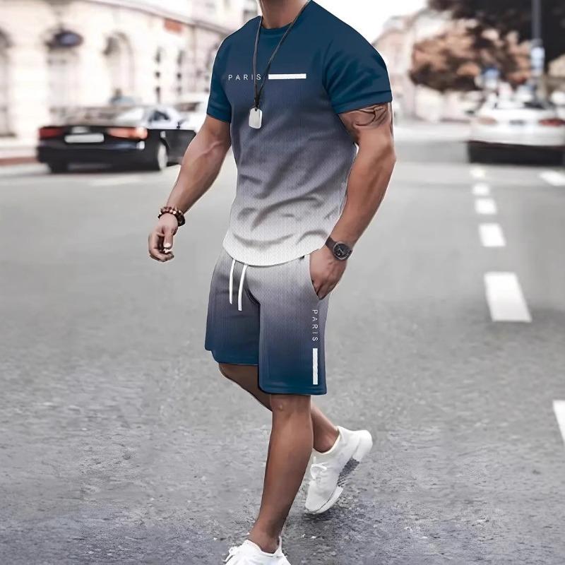 Ensemble Sportif Deux Pièces Imprimé 3D pour Homme T-shirt à Col Rond Couleur Dégradée Hauts à Manches Courtes Shorts Décontractés Fitness