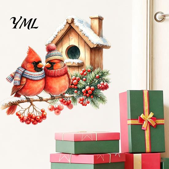 Festive Glass Door Decorations Christmas Bird Wall Sticker, Watercolor PVC Decal, Waterproof Winter Indoor Outdoor Decor Theme Window Cling for Doors