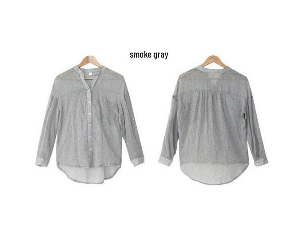 Women's Summer Seven Sleeve Loose Cotton Linen Stand Collar Blouse