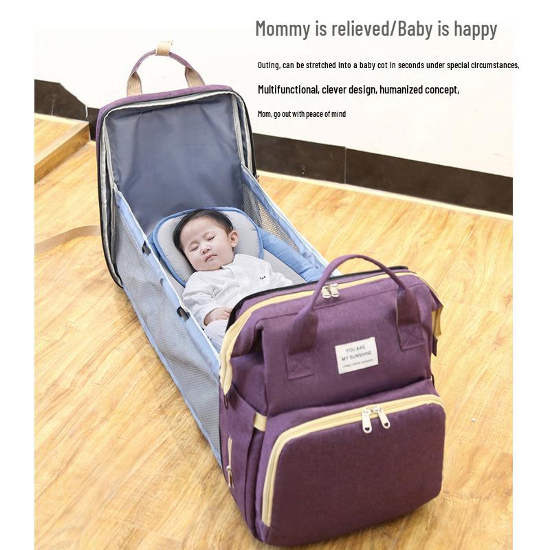 Portable Folding Mummy Bag: Lightweight, Large-Capacity Mother & Baby Backpack with Multi-purpose Bed Feature.