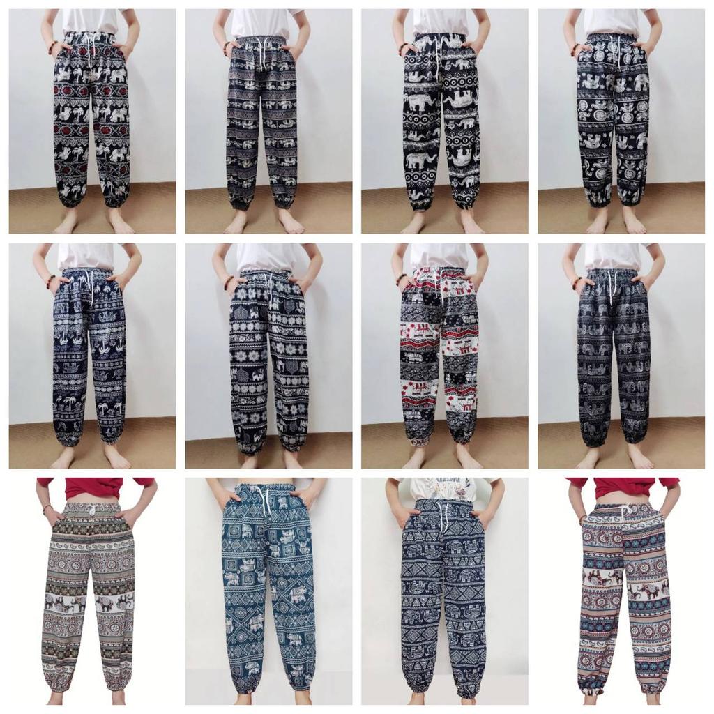 Elefanten Hose Langbein Verstellbarer Elastischer Bund Riemen Unisex Damen Herren Print Thailand Lässig Streetwear Strand Boho Böhmisch Retro Vintage