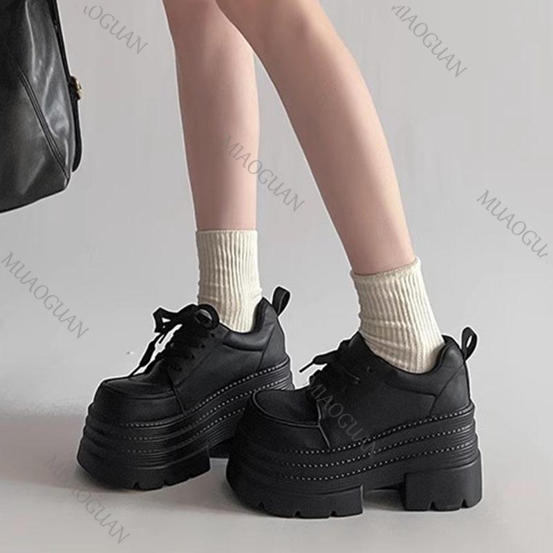 Retro British Style Black Leather Shoes New Spring Autumn Pumps for Women Heightening Thick Bottom Mary Jane Heeled Single Shoes