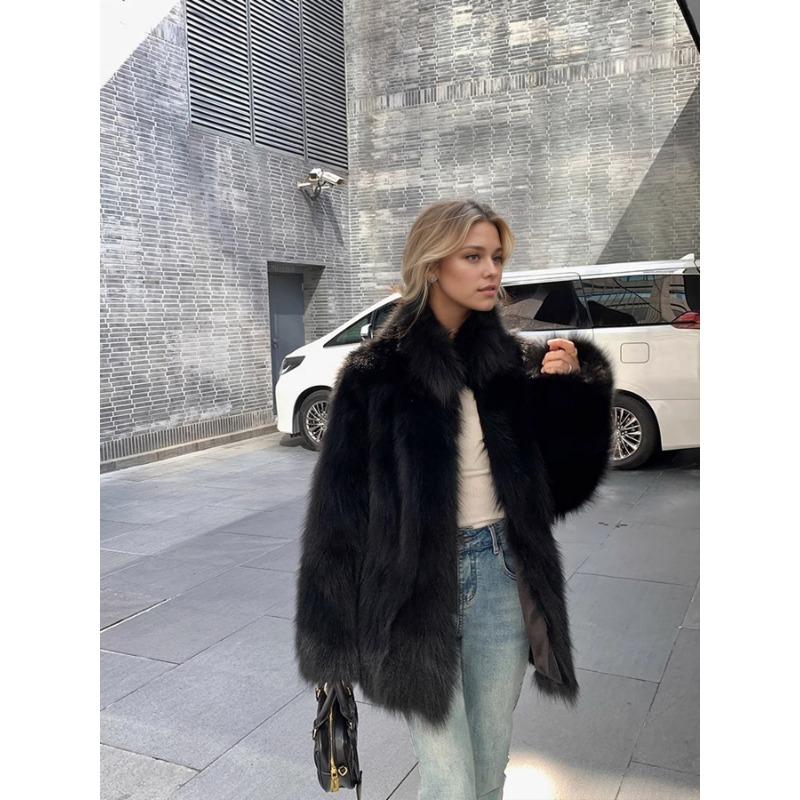 Luxury Black Faux Fur Coat Women Winter Warm Fluffy Lapel Jacket Oversized Outerwear