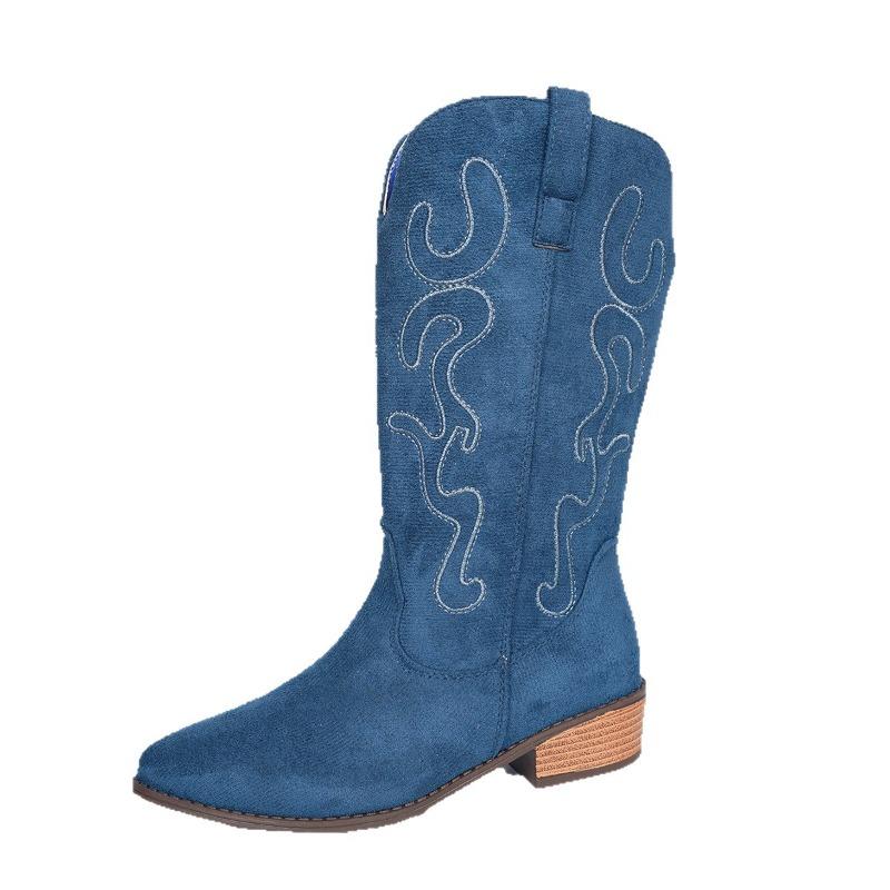 British Style Suede Pointed Toe Low-heeled Knight Boots for Winter 2025 New Plus-size Embroidered Sleeve Mid-leg Boots