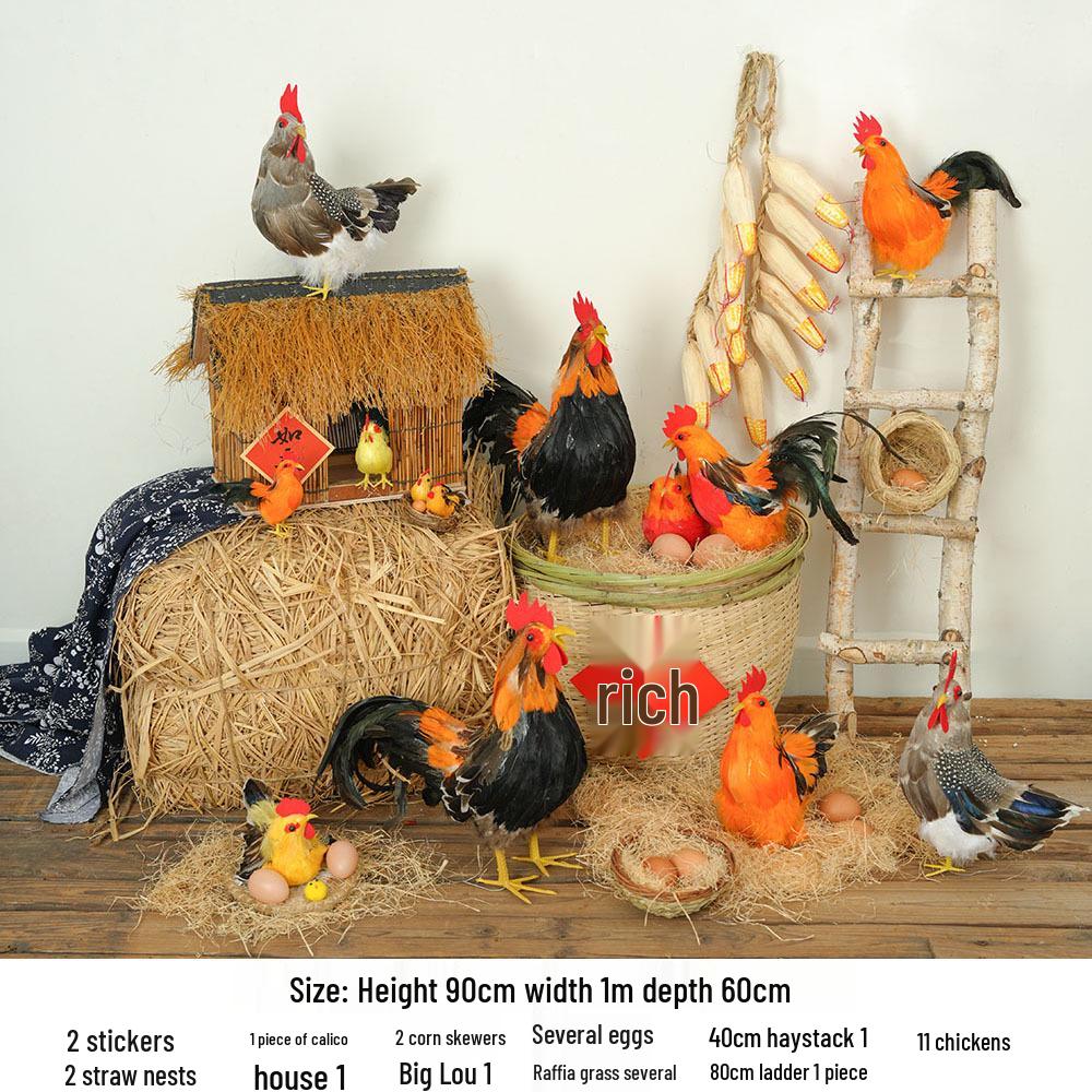 Porcelain Hen and Rooster Feather Ornament for Display and Photography Prop