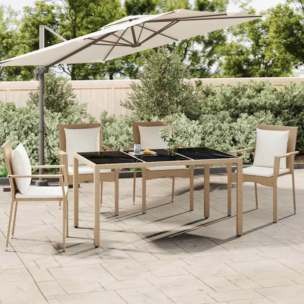 Garden Table with Glass Top Beige Poly Rattan & Tempered Glass