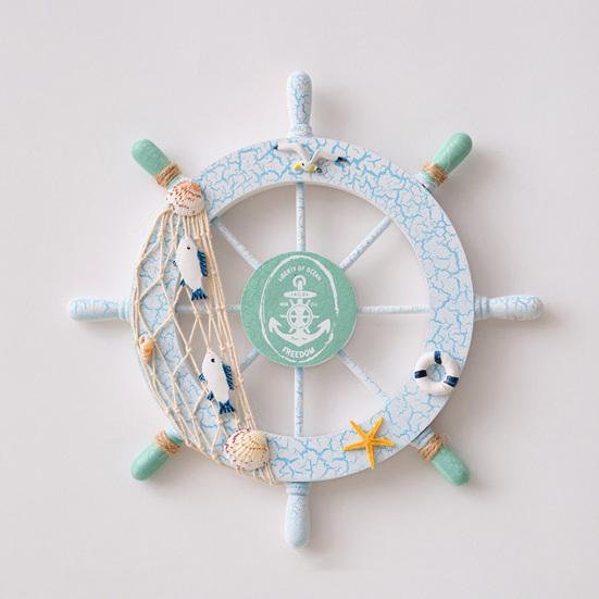 11" Nautical Beach Wooden Ship Wheel Wall Art Coastal Style Boat Steering Wheel Wall Hanging Ornament with Starfish And Hemp Rope for Living Room