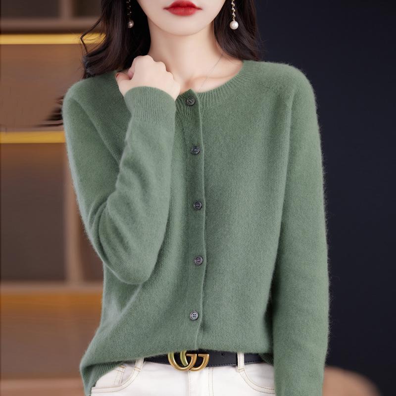 Women's 100% Pure Wool Round Neck Cardigan - Loose, Fashionable, Versatile Spring Knit Sweater.