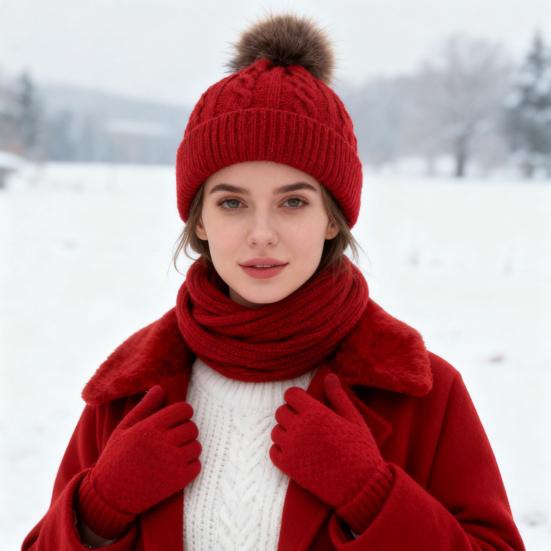 3Pcs/Set Women Winter Hat Scarf Gloves Set Plush Ball Decor Twist Texture Knitting Hat Long Scarf Warm Gloves Set