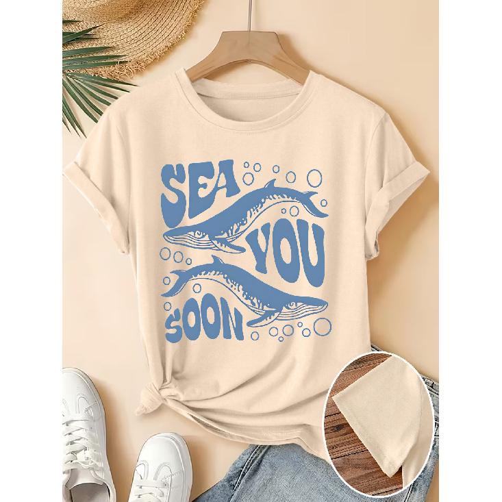 Women's Elegant Short-Sleeve Gift with Bubble Blue Whale Fun English Print Pattern and Vintage Round Neck T Fresh and Natural Style Loose-fitting