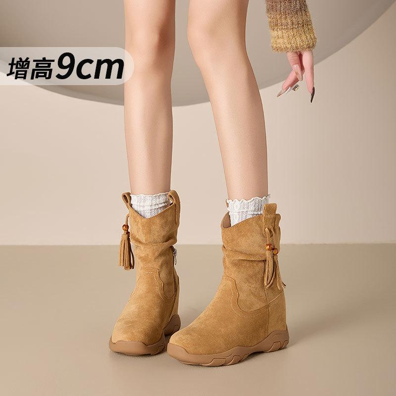 Inner heightening Martin boots women's new invisible cm medium tube stacking boots fleece thin high heel short boots