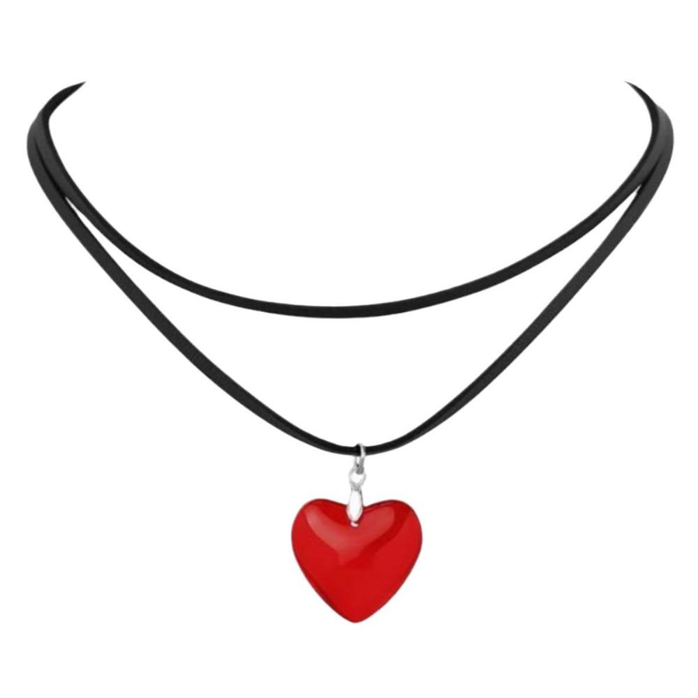 Collana a Doppio Strato con Ciondolo Cuore Rosso Nero in Vetro e Cristallo con Cordino Nero Y2k Semplice per Donne Punk Gotico Gioielli da Indossare Quotidiano Regali