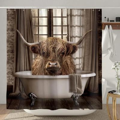 Funny Farmhouse Highland Cow Shower Curtain Vintage Western Bull Cattle Rustic Country Shower Curta Funny Animals Bath Decor