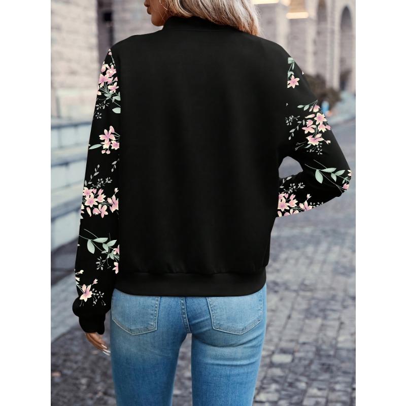 Jacke mit Blumenmuster und Reißverschluss, Elegante Langarmjacke mit Baseballkragen für Frühling und Herbst, Damenbekleidung