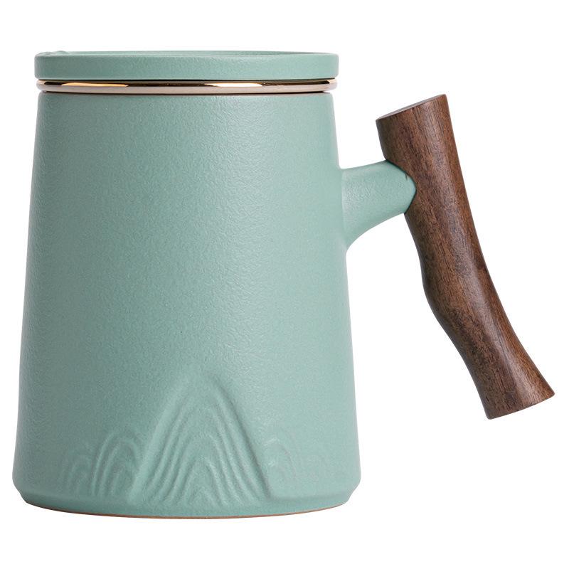 Ceramic Tea Cup with Water Separation, Large Capacity, All-Ceramic Filter, Walnut Wood Handle, Customizable Logo.