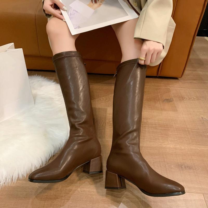 Fashion Long Tube Women's Knee-length Cotton Boots Autumn New All-match Square Toe Plus Fleece High Tube Block Heel Skinny Boots
