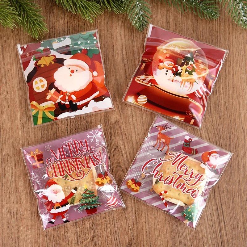 100/200pcs Christmas Candy Cookie Donut Packaging Bags Christmas Self Adhesive Gift Bag Xmas New Year Navidad Noel Decoration