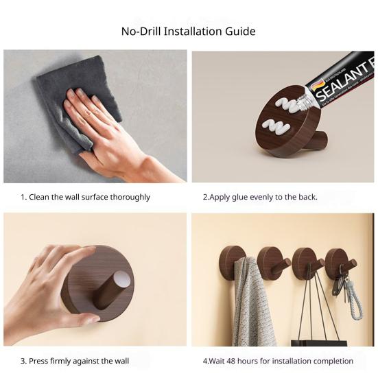 Adhesive Wall Hook No Drill Wooden Hook Wood Oil Waterproof Processing Hook for Bathroom Kitchen Coat Towels
