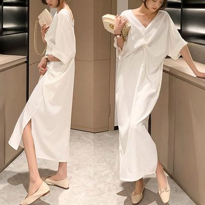 Knoten T-Shirt Kleid Sommer Locker Figurschmeichelnd Schlankmachend Rückenfrei V-Ausschnitt Maxi Kleid