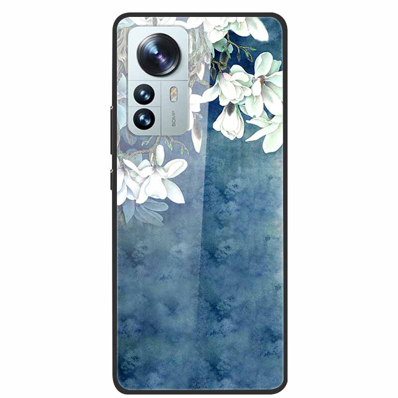 Luxus Hülle für Xiaomi 12T Pro Blumen Gehärtetes Glas Hülle für Xiaomi 12T TPU Stoßfänger Xiaomi 12 T Harte Schwarze Hülle Bunte Capa