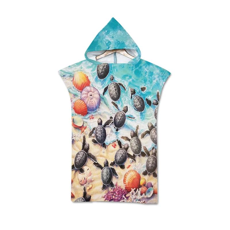 Microfiber Sea Turtle Printing Changing Robe Bath Towel Outdoor Hooded Beach Towel Poncho Women Swimming Diving Bathrobe Cloak