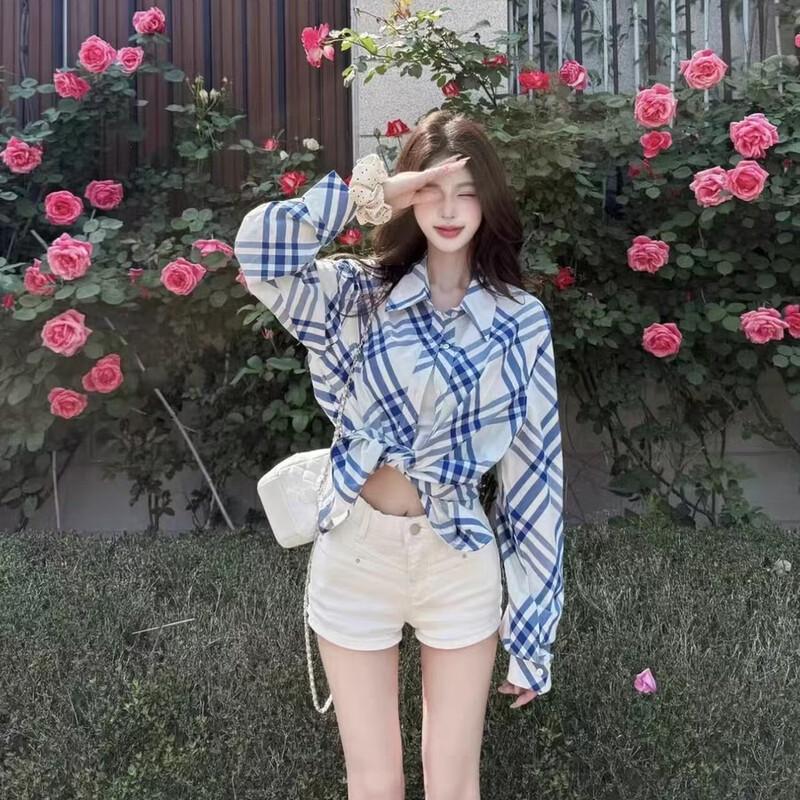 La Chapelle Women s Blue & White Plaid Sun Protection Blouse XL