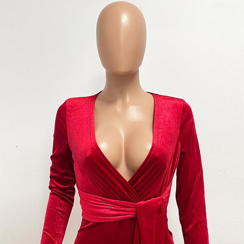 GMXIA Women's Deep V Belt Women's Fleece Long Sleeve Romper