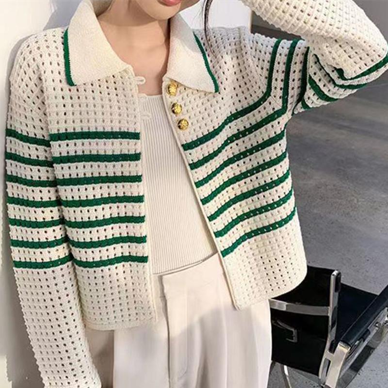 Hollow Striped Knitted Cardigan for Women In Autumn Winter Chic and Sweet Spicy Short Sweater Coat