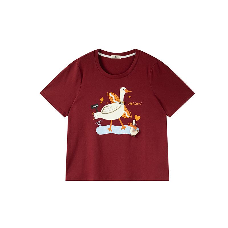 

Shuangtian 2026 Plus Size Cartoon Rhinestone Print Round Neck T-shirt Slim Fit Top for Women W-272 XL вино красного