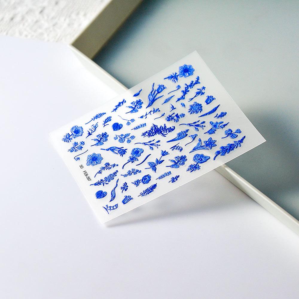 3D Embossed Valentine's Day Nail Stickers - Blue Wheat Ear Flower Design