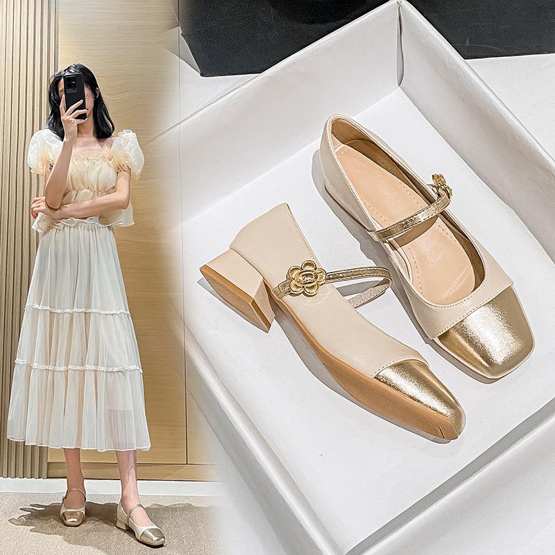 Coarse heel single shoes women's spring and autumn new shallow mouth square head grandma shoes with skirt fairy
