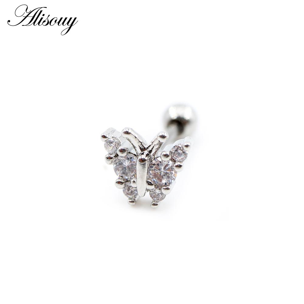 Alisouy 2PCS Butterfly Resin Zircon Ball Stainless Steel Women Men Ear Stud Earrings Cartilage Tragus Helix Pierceing Jewelry