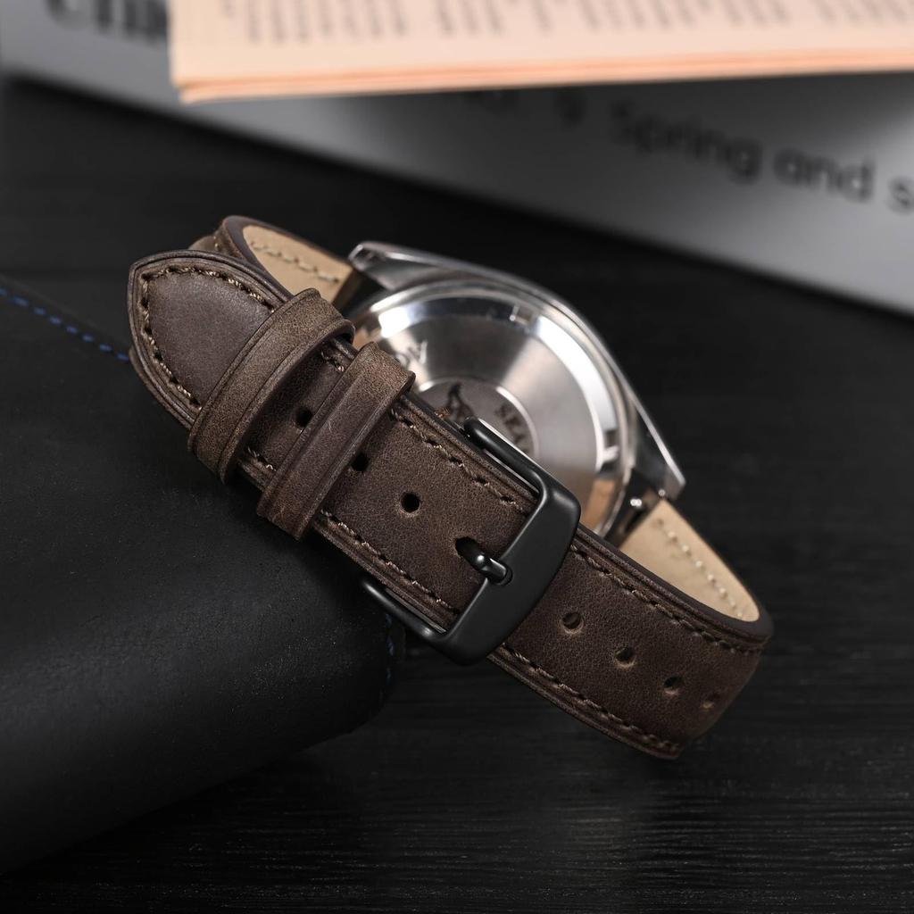 Anbeer 20mm Leather Watch Band with Quick Release Replacement Stainless Steel Black Brown and Black Buckle Buckle,