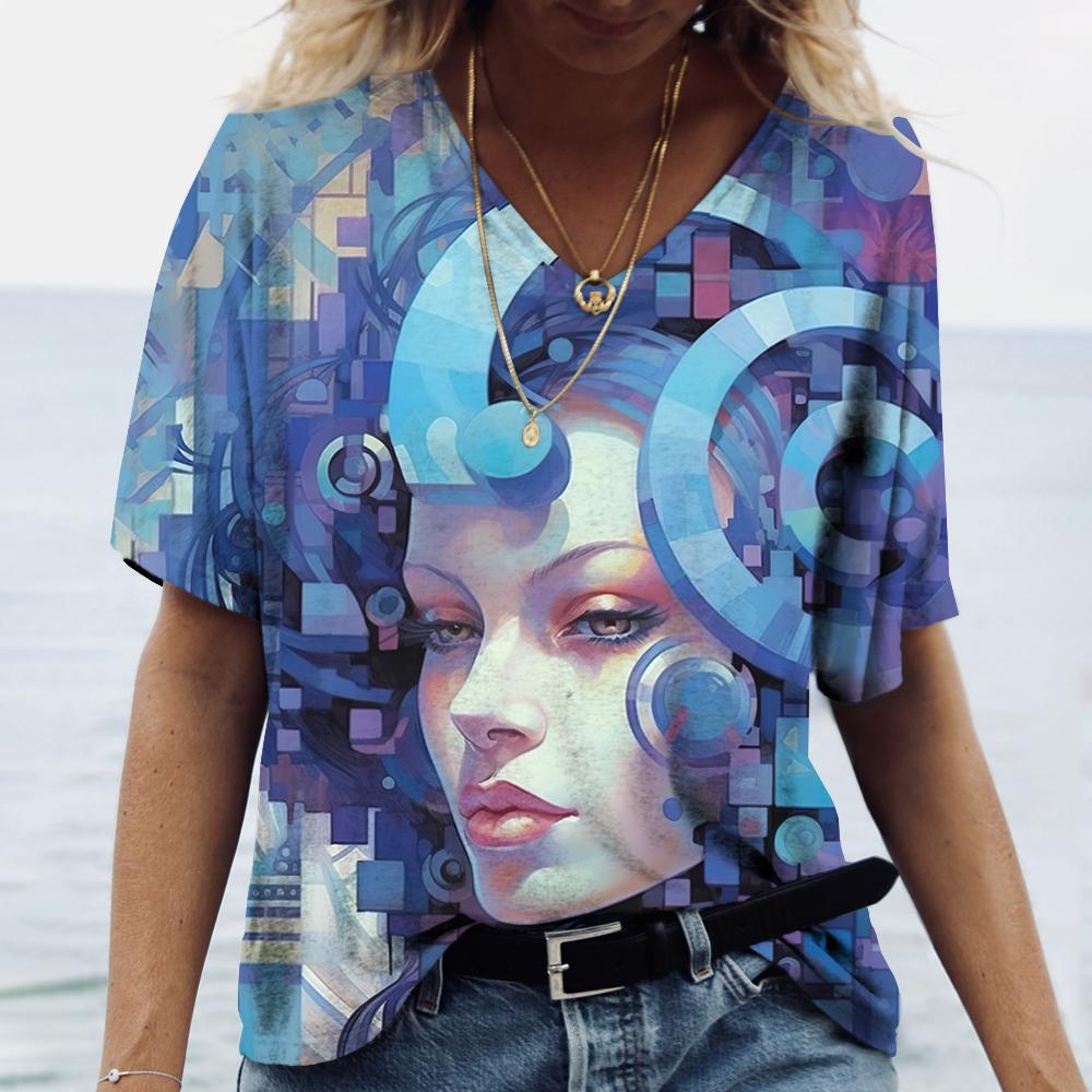 Funny 3D Beauty Pattern Women's T-Shirts Fashion V-neck Short Sleeve Top Summer Street Hip Hop Tee Fashion Loose Female Clothing