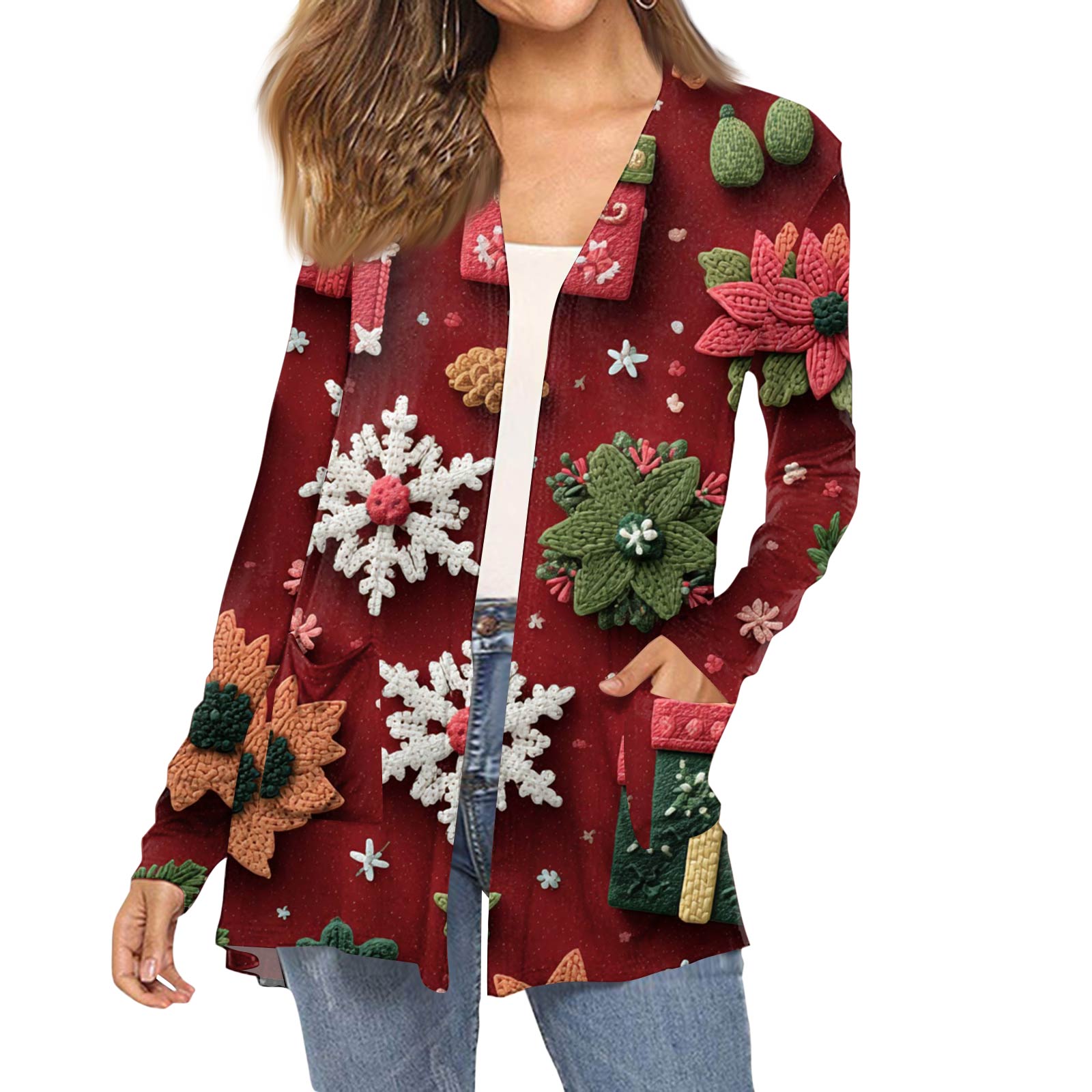 

Женский модный кардиган-пальто с длинным рукавом, карманами, приталенного силуэта и рождественским принтом XL винный