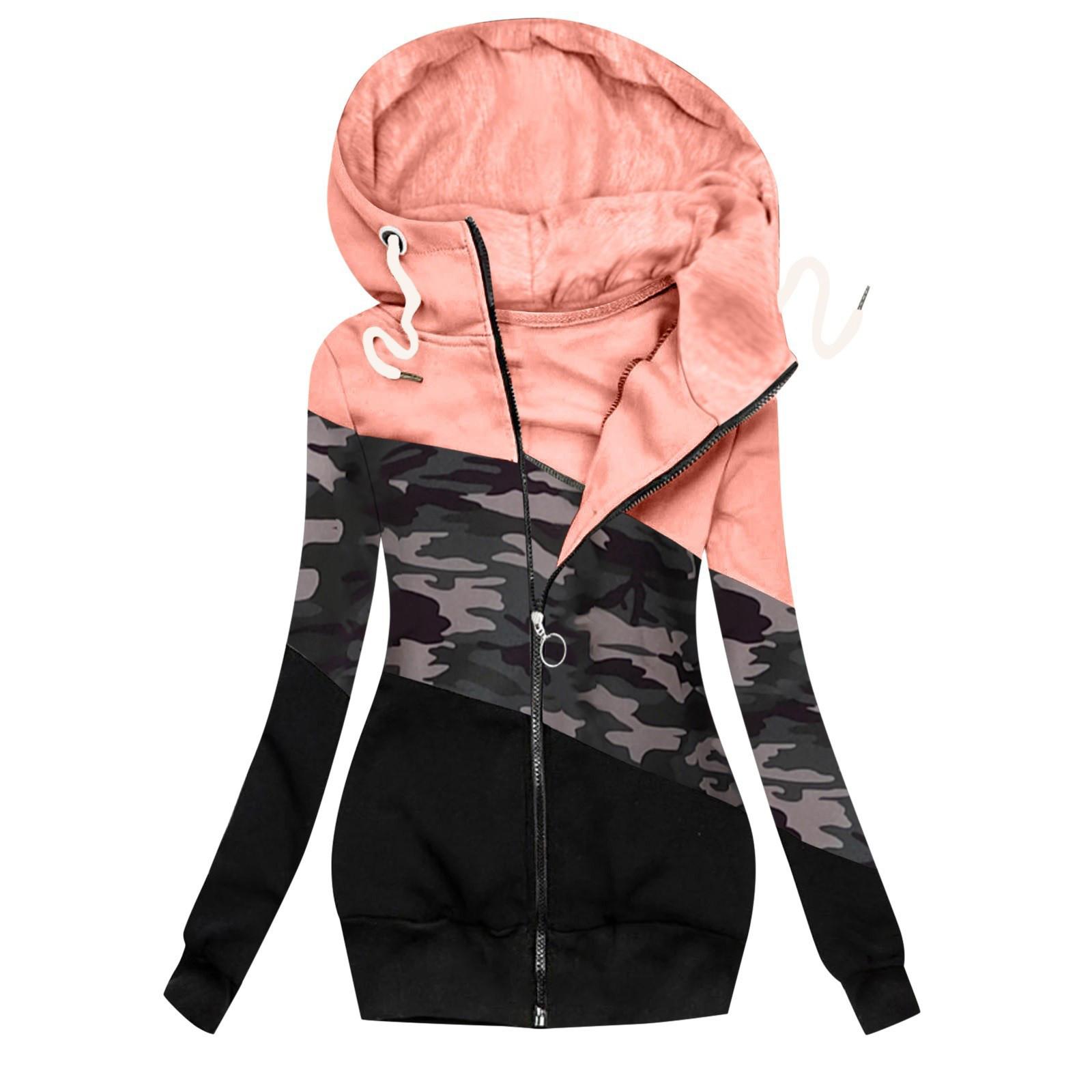 

Women s Fashion Casual Zipper Hoodie Color Matching Long Sleeve Drawstring Coat L рожевий