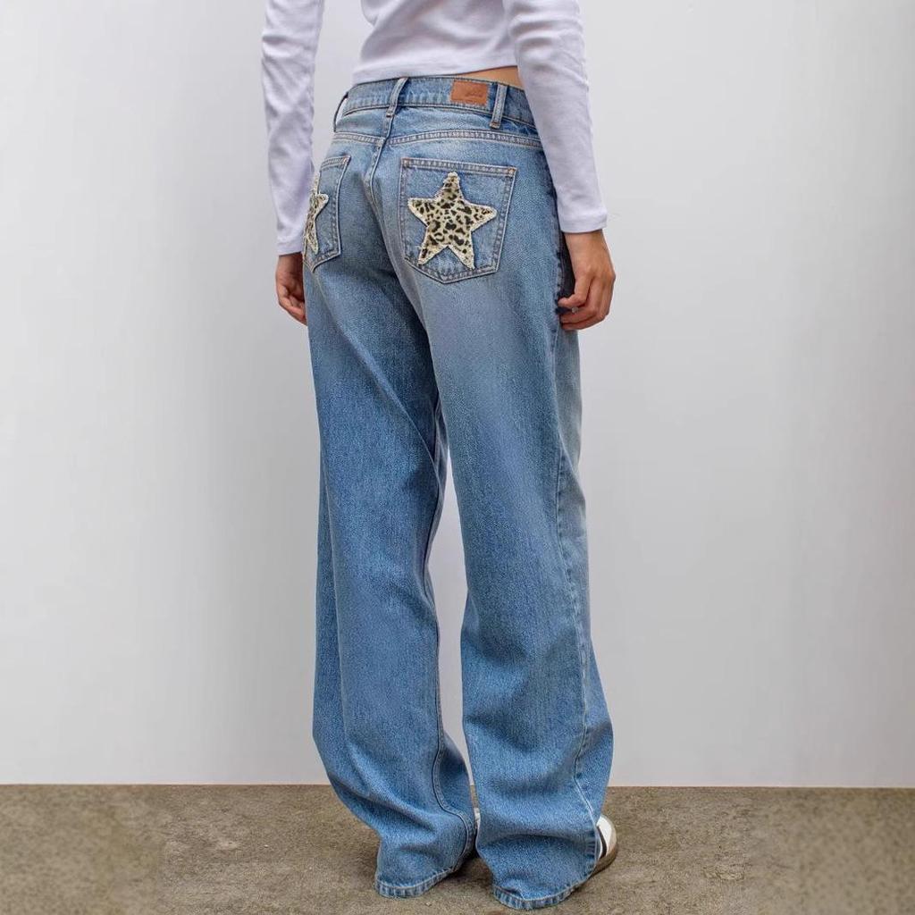 Women's Retro Leopard Star Patchwork Straight-Leg Jeans