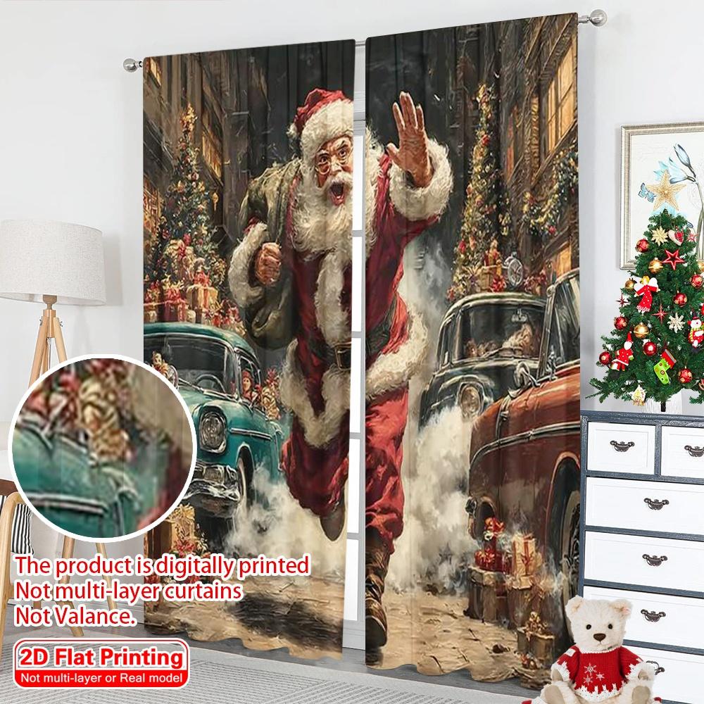 2pcs 2D flat printing Christmas Scene Curtain Santa Claus Car Durable 100% Polyester Fabric Without Electricity Family Party