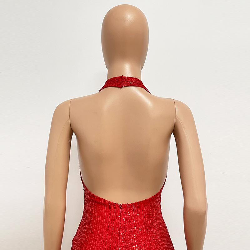 Women's Haute Couture Deep V Halter Halter Gown Dress Long Sequin Fishtail Dress