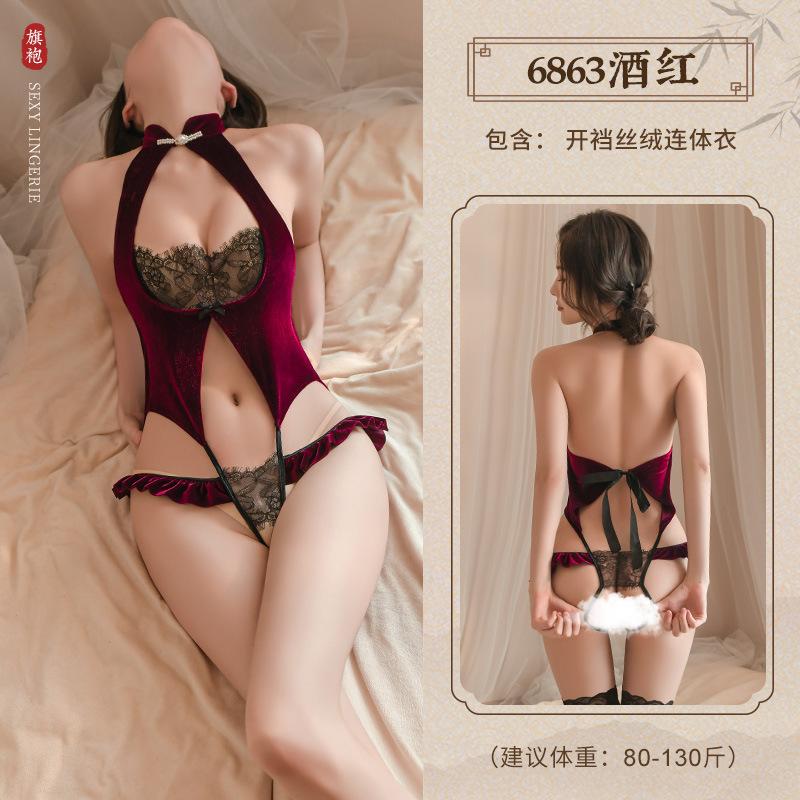 Velvet Patchwork Lace Mature Charm Elegant Gentle Transparent Romantic Fashion New Red Lingerie Sexy Uniform Bodysuits 0HAE