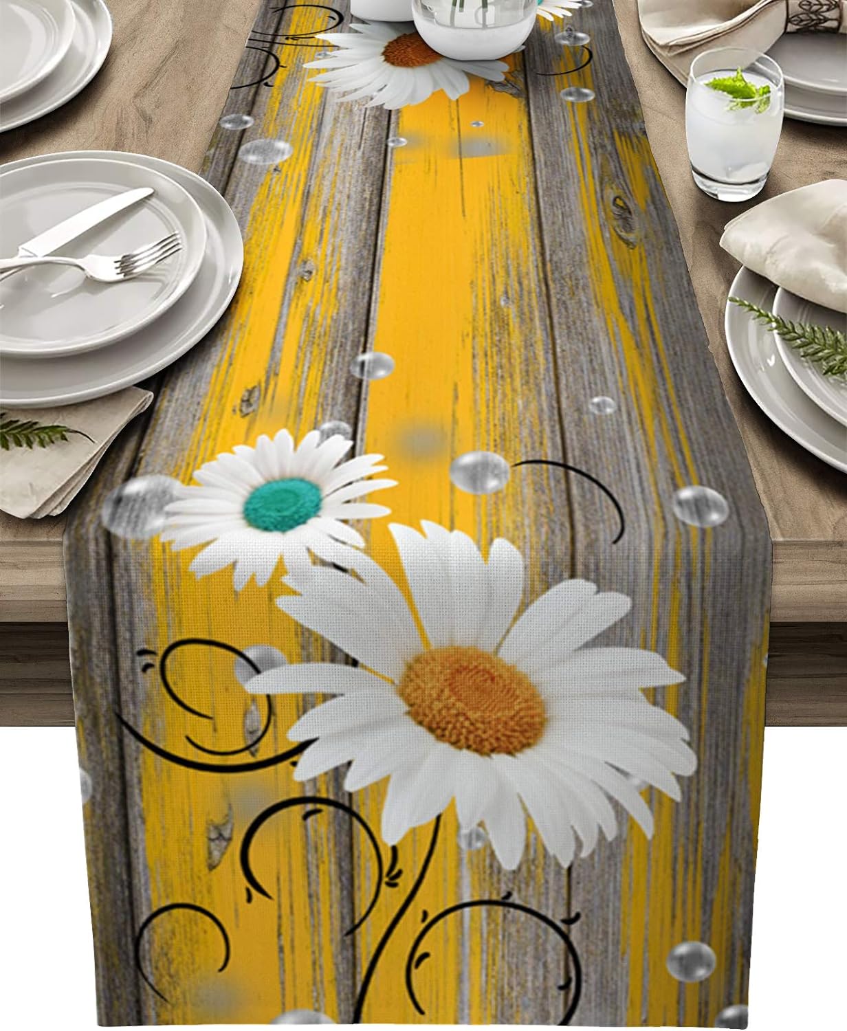 Geel Blauw Groen Houten Madeliefje Linnen Tafelkleed Commode Sjaals Boerderij Keuken Eettafel Lopers Bruiloft Decoraties 150x33cm