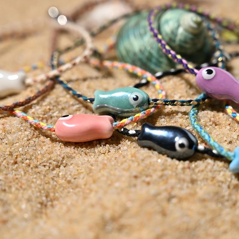 2Pcs Ceramic Fish Bracelet For Women Handmade Woven Colored Rope Boho Wrap Charm Bracelet Friendship Popular Jewelry