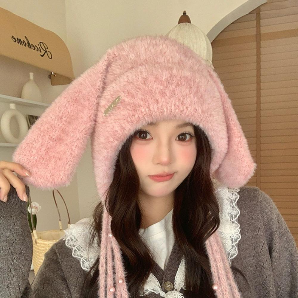 

Winter Warm Ear Protector Hat Soft Windproof Rabbit Ear Pullover Cap Thicken Fluffy Big Ears Knitted Cap Winter Season розовый