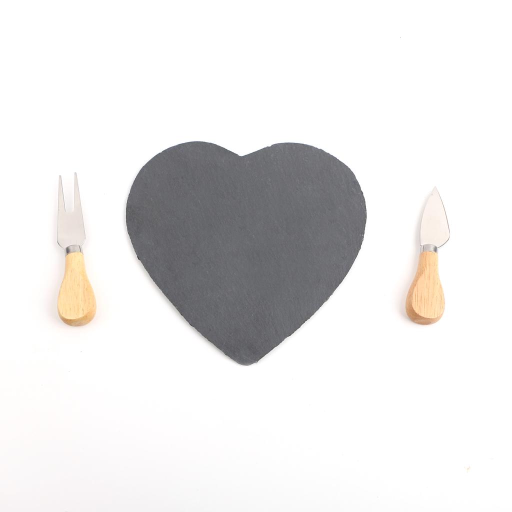 Eco-Friendly Natural Slate Heart Shape Cheese Cutting Board with Fork and Cheese Cutter AccessoriesIdeal for Cutting Foods