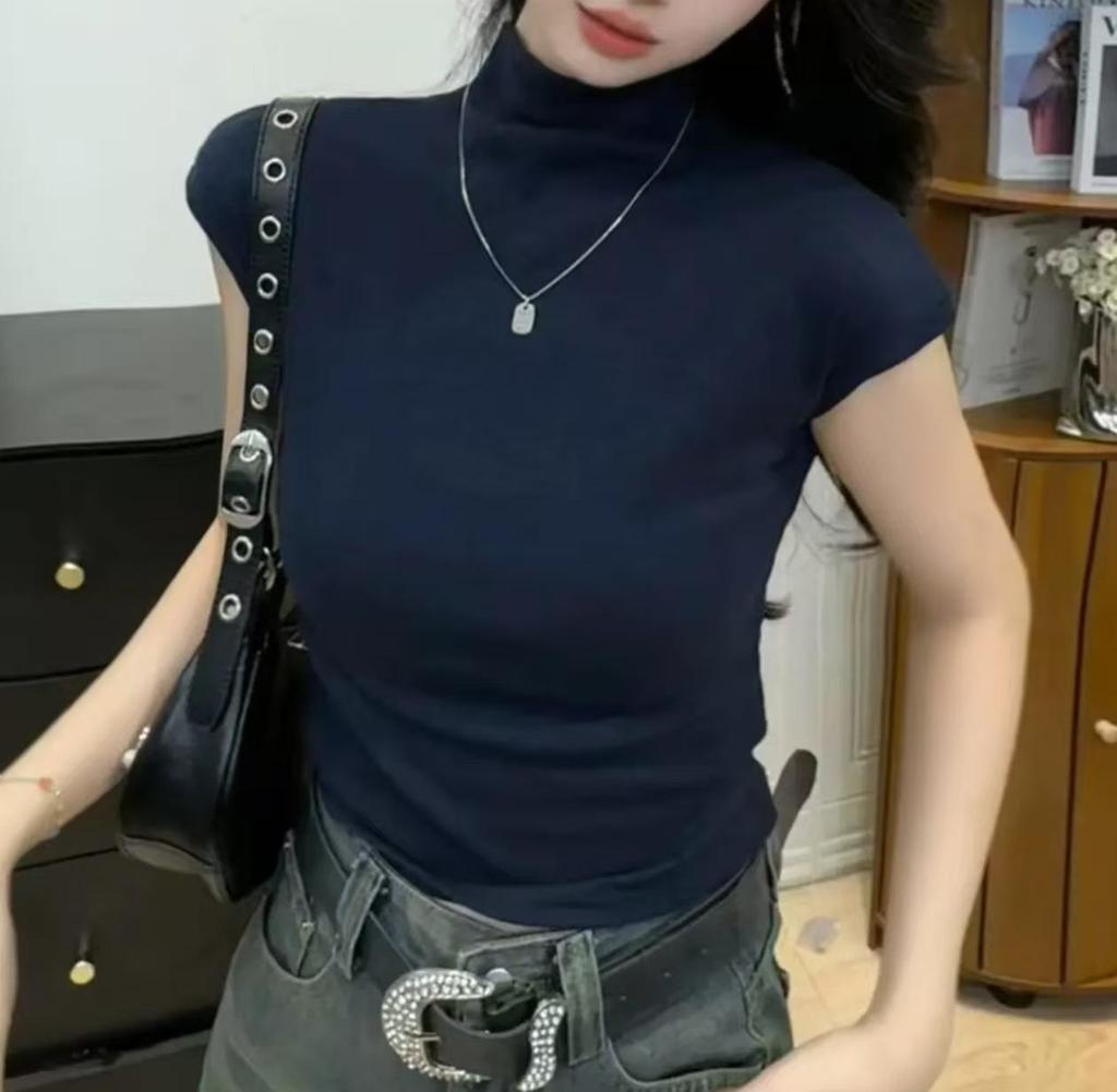 2025 Women's Slimming Korean Style Solid Color Half High Neck Short Sleeve T-shirt for Early Autumn