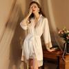 Private Sexy Pajamas, Women's Long-sleeved Satin Lace Lace-up Nightgown and Robe