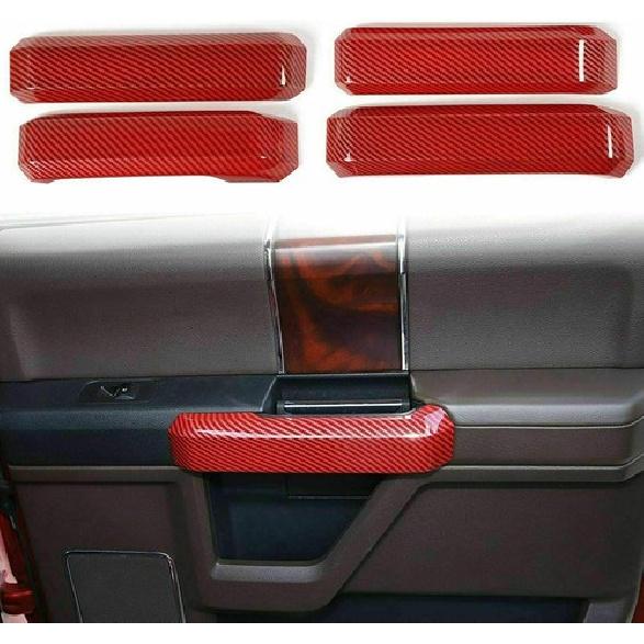 4PCS Interior Door Handles Shell Cover Trim Decor Red Carbon For Ford F150 15-20