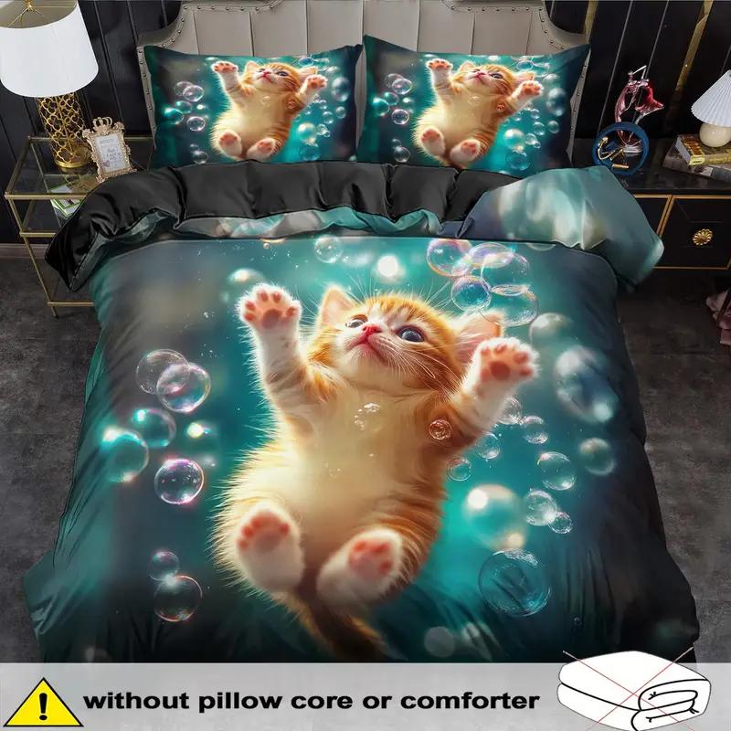 Lovely Cute Cat 3D Print Bedding Set Cozy Duvet Cover King Queen Twin Single Size Birthday Gift Girl Boy Kid Bedroom Decoration