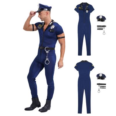 Erkek Cadılar Bayramı Polis Cosplay Kostümü Ön Fermuarlı Tulum Tam Şapka Kemer Kelepçeler Rozet Yedi Parça Polis Seti