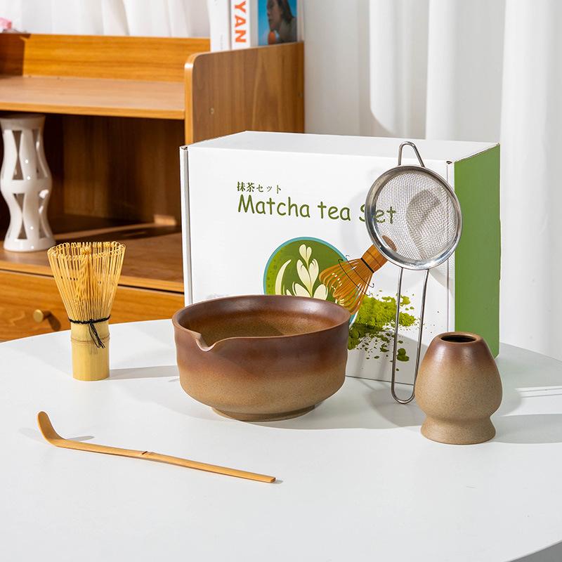 5-8pcs INS coarse pottery gradual change color tea stand matcha bowl set to order tea retro Matcha whisk set of tea tools